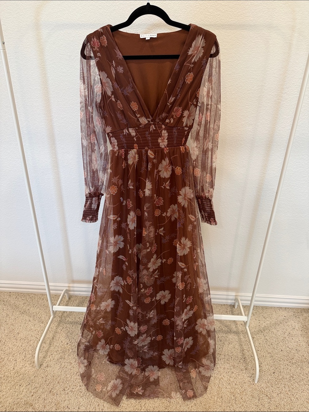 Baltic Born Brown Floral Mesh V-Neck Maxi Dress